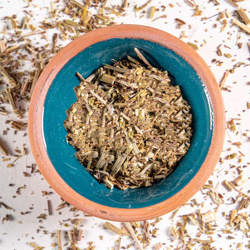 Blue Vervain herb in blue clay bowl with white background and herb surrounding.