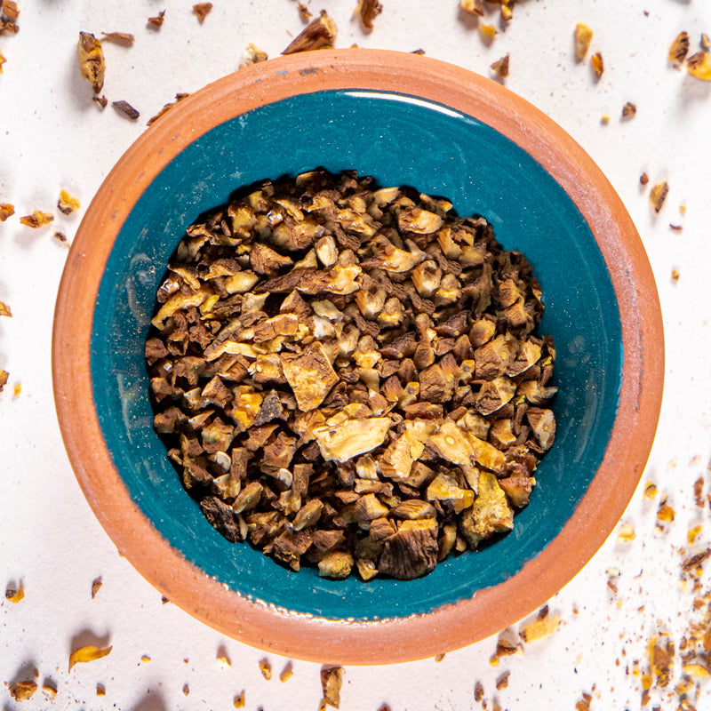 Dandelion Root herb in blue clay bowl with white background and herb surrounding.
