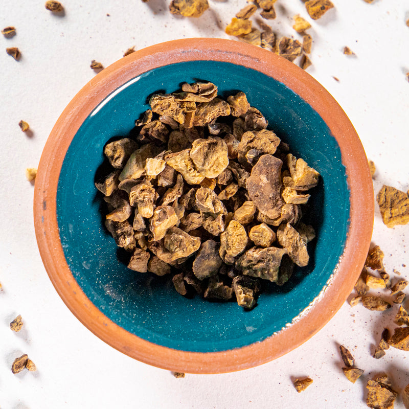 Devil's Claw herb in blue clay bowl with white background and herb surrounding.