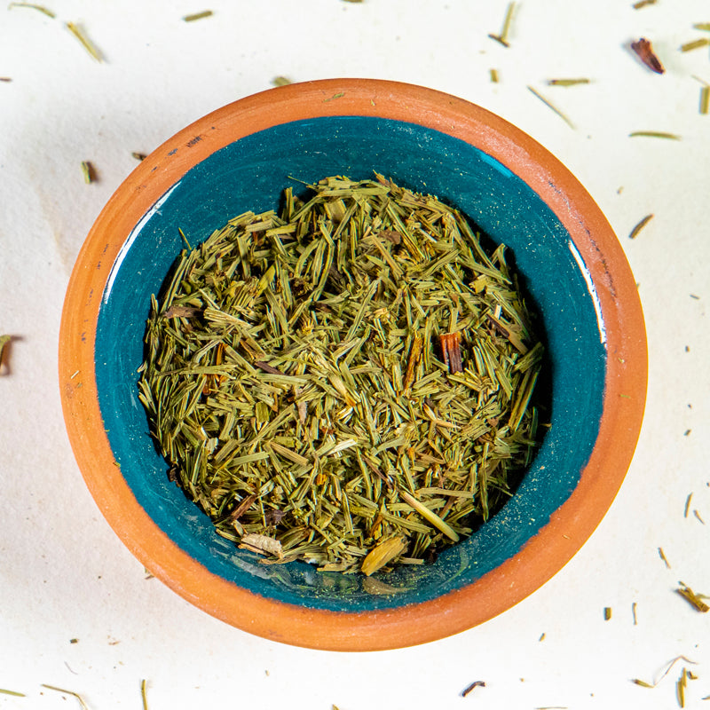 Horsetail herb in blue clay bowl with white background and herb surrounding.